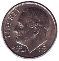 Монета 10 центов. 1993 (D) год, США. Рузвельт. Монета 10 центов. 1993 (D) год, США. Рузвельт.