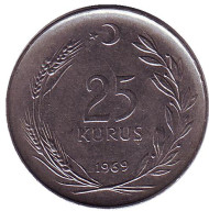 Монета 25 курушей. 1969 год, Турция. Монета 25 курушей. 1969 год, Турция.