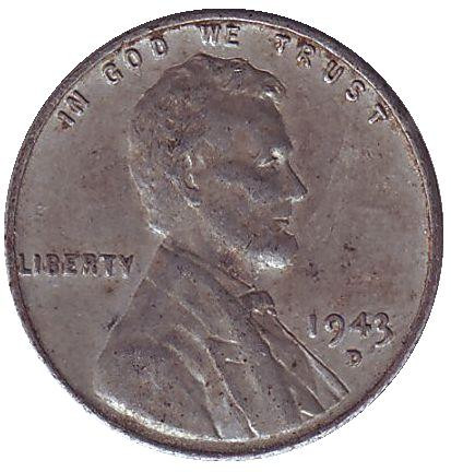 Монета 1 цент. 1943 год (D), США. Линкольн.