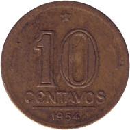 Монета 10 сентаво. 1954 год, Бразилия. Монета 10 сентаво. 1954 год, Бразилия.