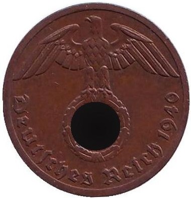 Монета 1 рейхспфенниг. 1940 год, Германия (Третий Рейх). (F). Бронза.