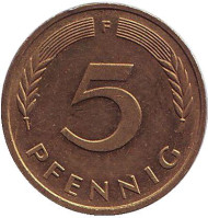 Монета 5 пфеннигов. 1983 год (F), ФРГ. Дубовые листья. Монета 5 пфеннигов. 1983 год (F), ФРГ. Дубовые листья.