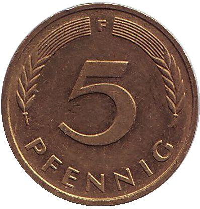 Монета 5 пфеннигов. 1983 год (F), ФРГ. Дубовые листья.