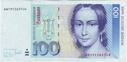 Банкнота 100 марок. 1993 год, ФРГ. Клара Шуман. Рояль.