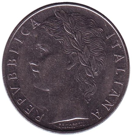 Монета 100 лир. 1974 год, Италия. Богиня мудрости Минерва рядом с оливковым деревом.