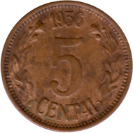 Монета 5 центов. 1936 год, Литва.