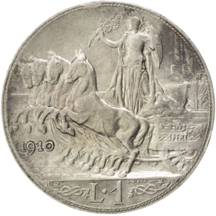 Монета 1 лира. 1910 год, Италия. Квадрига.