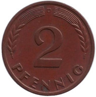Монета 2 пфеннига. 1958 год (D), ФРГ. Дубовые листья. Монета 2 пфеннига. 1958 год (D), ФРГ. Дубовые листья.