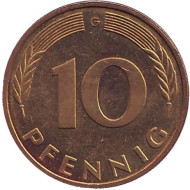 Монета 10 пфеннигов. 1994 год (G), ФРГ. Дубовые листья. Монета 10 пфеннигов. 1994 год (G), ФРГ. Дубовые листья.