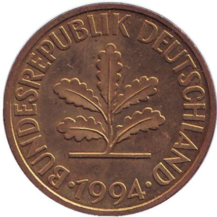 Монета 10 пфеннигов. 1994 год (G), ФРГ. Дубовые листья. Монета 10 пфеннигов. 1994 год (G), ФРГ. Дубовые листья.