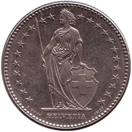 Монета 2 франка. 1988 (B) год, Швейцария. Гельвеция.