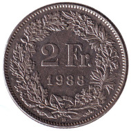 Монета 2 франка. 1988 (B) год, Швейцария. Гельвеция. Монета 2 франка. 1988 (B) год, Швейцария. Гельвеция.