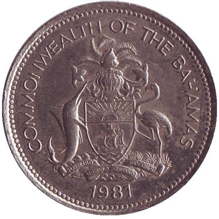 Монета 25 центов. 1981 год, Багамские острова. Парусник.