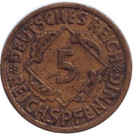 Монета 5 рейхспфеннигов. 1936 год (А), Веймарская республика. Монета 5 рейхспфеннигов. 1936 год (А), Веймарская республика.