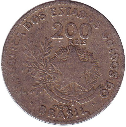 Монета 200 рейсов. 1901 год, Бразилия.