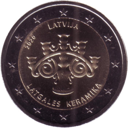 Монета 2 евро. 2021 год, Латвия. Латгальская керамика.