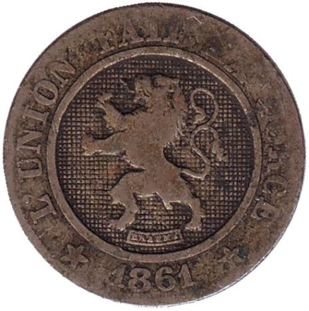 Монета 10 сантимов. 1861 год. Бельгия.