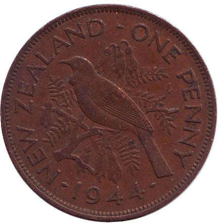 Монета 1 пенни, 1944 год, Новая Зеландия. Новозеландский туи.