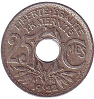 Монета 25 сантимов. 1922 год, Франция. Монета 25 сантимов. 1922 год, Франция.