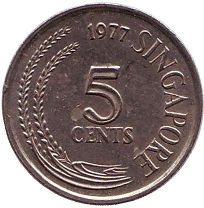 Монета 5 центов. 1977 год, Сингапур. Большая белая цапля.