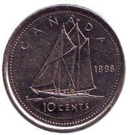 Монета 10 центов. 1998 год, Канада. Без отметки монетного двора. Парусник. Монета 10 центов. 1998 год, Канада. Без отметки монетного двора. Парусник.