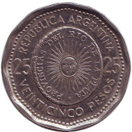 Монета 25 песо. 1964 год, Аргентина.