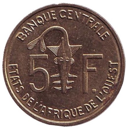 Монета 5 франков. 2014 год, Западные Африканские Штаты. Монета 5 франков. 2014 год, Западные Африканские Штаты.