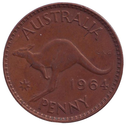 Монета 1 пенни. 1964 год, Австралия. (Без точки после "PENNY") Кенгуру.