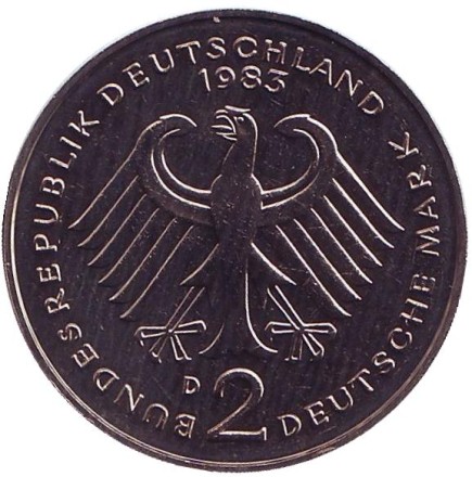 Монета 2 марки. 1983 год (D), ФРГ. Теодор Хойс. Монета 2 марки. 1983 год (D), ФРГ. Теодор Хойс.