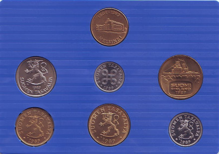 Набор монет Финляндии (6 шт., с жетоном), 1989 год, Финляндия. Тип 1. (в банковской упаковке). 125-летие чеканки финских монет.