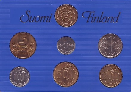 Набор монет Финляндии (6 шт., с жетоном), 1989 год, Финляндия. Тип 1. (в банковской упаковке). 125-летие чеканки финских монет.
