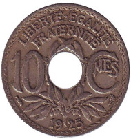 Монета 10 сантимов. 1925 год, Франция. Монета 10 сантимов. 1925 год, Франция.