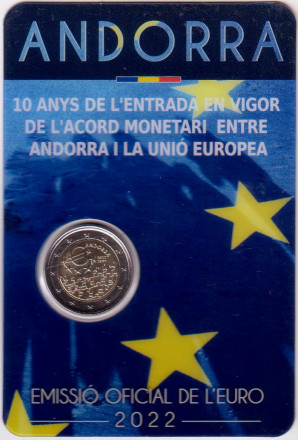 Монета 2 евро. 2022 год, Андорра. 10 лет вступлению в силу валютного соглашения между Андоррой и Евросоюзом.
