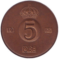 Монета 5 эре. 1966 год, Швеция. Монета 5 эре. 1966 год, Швеция.