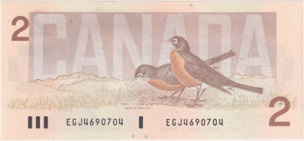 Банкнота 2 доллара. 1986 год, Канада. P-94b. Банкнота 2 доллара. 1986 год, Канада. P-94b.