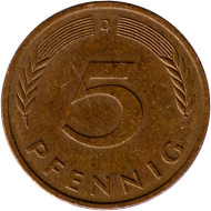 Монета 5 пфеннигов. 1987 год (D), ФРГ. Дубовые листья. Монета 5 пфеннигов. 1987 год (D), ФРГ. Дубовые листья.
