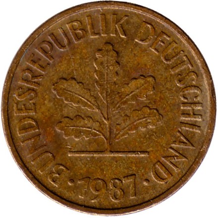 Монета 5 пфеннигов. 1987 год (D), ФРГ. Дубовые листья. Монета 5 пфеннигов. 1987 год (D), ФРГ. Дубовые листья.