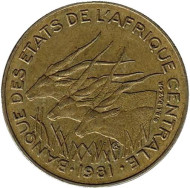 Монета 10 франков. 1981 год, Центральные Африканские Штаты. Африканские антилопы. (Западные канны). Монета 10 франков. 1981 год, Центральные Африканские Штаты. Африканские антилопы. (Западные канны).