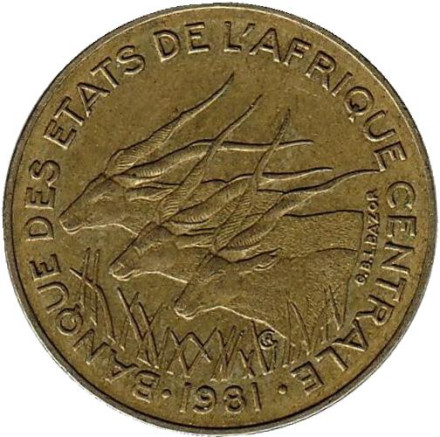 Монета 10 франков. 1981 год, Центральные Африканские Штаты. Африканские антилопы. (Западные канны).