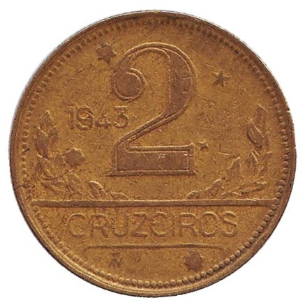 Монета 2 крузейро. 1943 год, Бразилия. Карта Бразилии.