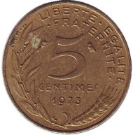 Монета 5 сантимов. 1973 год, Франция. Монета 5 сантимов. 1973 год, Франция.