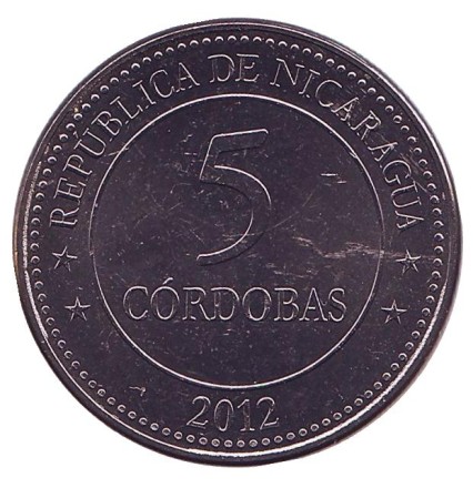 Монета 5 кордоб. 2012 год, Никарагуа. 100 лет Кордобе (национальной валюте). Монета 5 кордоб. 2012 год, Никарагуа. 100 лет Кордобе (национальной валюте).