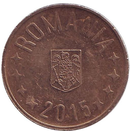 Монета 50 бани. 2015 год, Румыния. Из обращения.