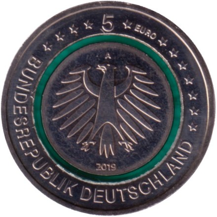 Монета 5 евро. 2019 год (A), Германия. Умеренная зона.