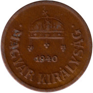 Монета 2 филлера. 1940 год, Венгрия. (Бронза). Монета 2 филлера. 1940 год, Венгрия. (Бронза).