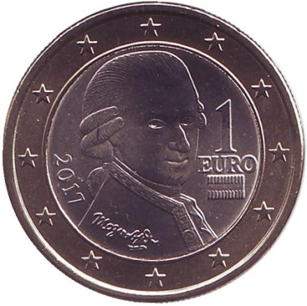 Монета 1 евро, 2017 год, Австрия. Моцарт.