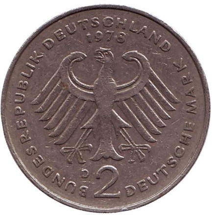 Монета 2 марки. 1978 год (D), ФРГ. Теодор Хойс.
