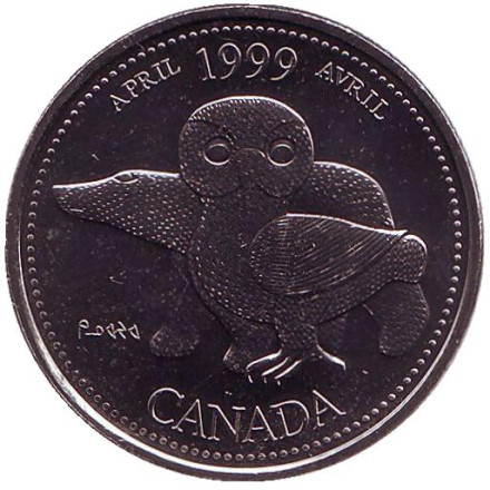Монета 25 центов. 1999 год, Канада. Миллениум. Апрель 1999. Северное наследие. Сова.