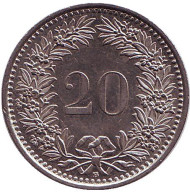 Монета 20 раппенов. 1996 год, Швейцария. Монета 20 раппенов. 1996 год, Швейцария.