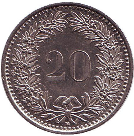 Монета 20 раппенов. 1996 год, Швейцария.